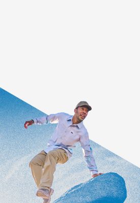 Hiker in a blue landscape.