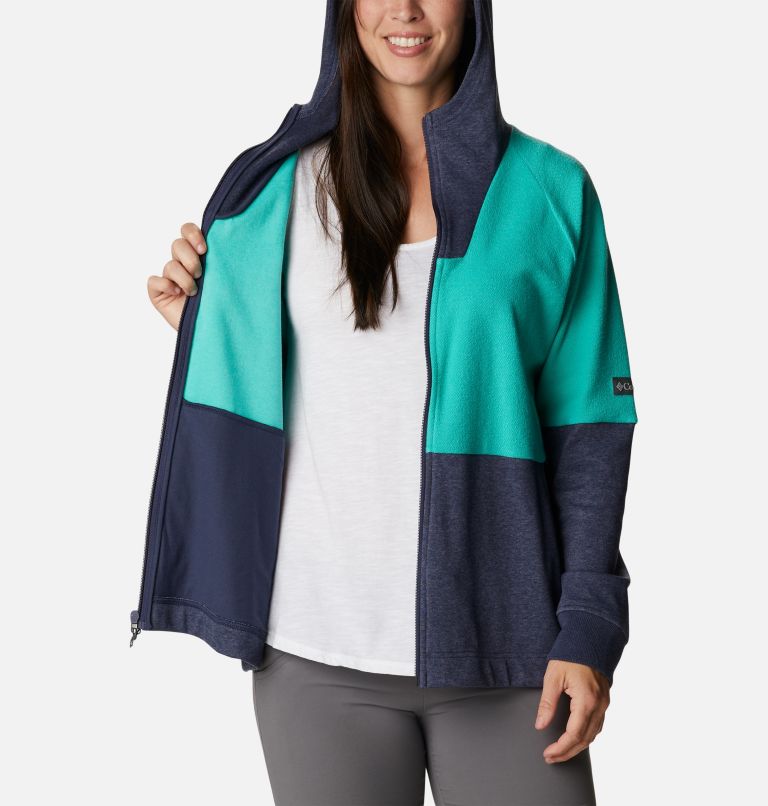 Thumbnail: Women's Columbia Lodge French Terry Hooded Full-Zip Jacket, Color: Nocturnal Heather, Electric Turquoise He, image 5