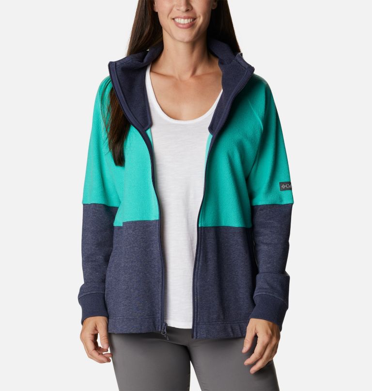 Women's Columbia Lodge French Terry Hooded Full-Zip Jacket, Color: Nocturnal Heather, Electric Turquoise He, image 6