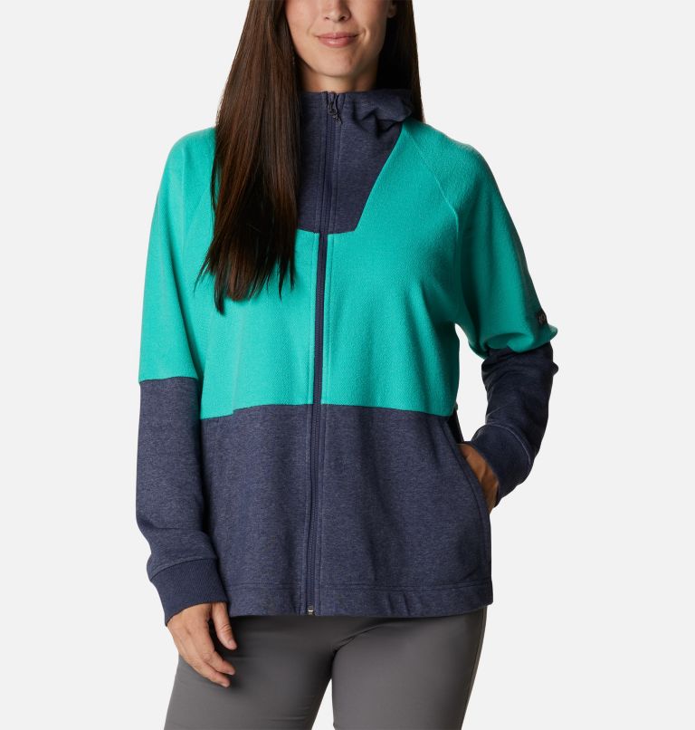 Thumbnail: Women's Columbia Lodge French Terry Hooded Full-Zip Jacket, Color: Nocturnal Heather, Electric Turquoise He, image 1