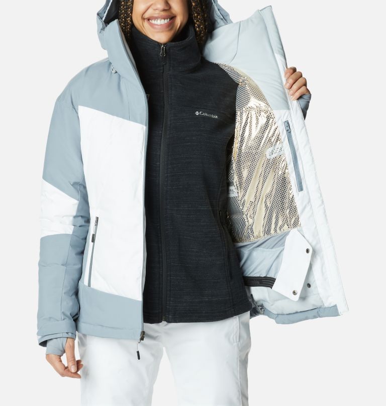 Thumbnail: Women's Wild Card II Waterproof Hooded Ski Down Jacket, Color: White, Tradewinds Grey, image 6