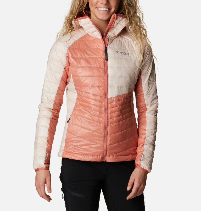 Women's Platinum Peak Insulated Hooded Jacket, Color: Dark Coral, Peach Blossom, image 1