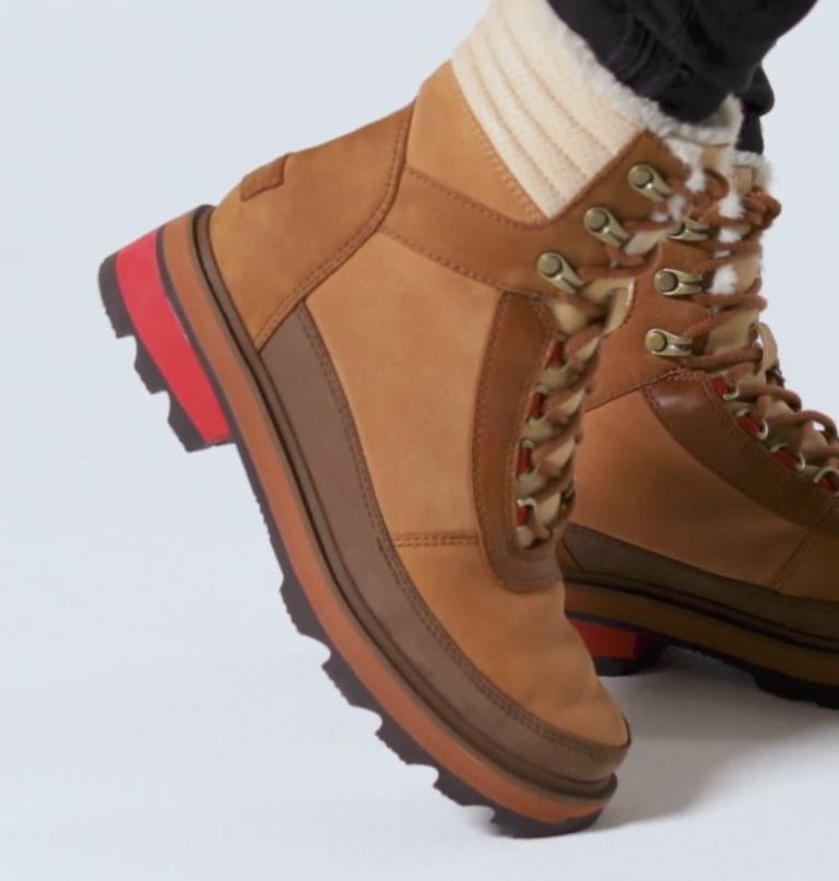 Women's Lennox Lace Cozy STKD Waterproof Boot, Color: Velvet Tan, Warp Red