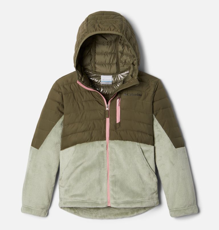 Girls' Powder Lite Novelty Hooded Jacket, Color: Stone Green, Safari, image 1