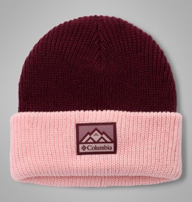 Kids' Whirlibird Cuffed Beanie, Color: Rich Wine, Satin Pink, Mountains, image 2