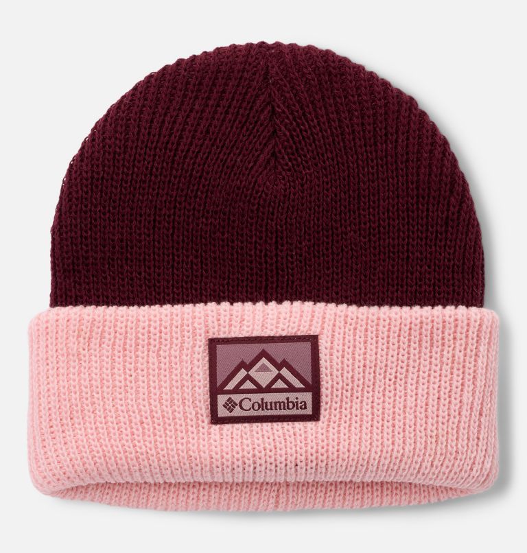 Kids' Whirlibird Cuffed Beanie, Color: Rich Wine, Satin Pink, Mountains, image 1