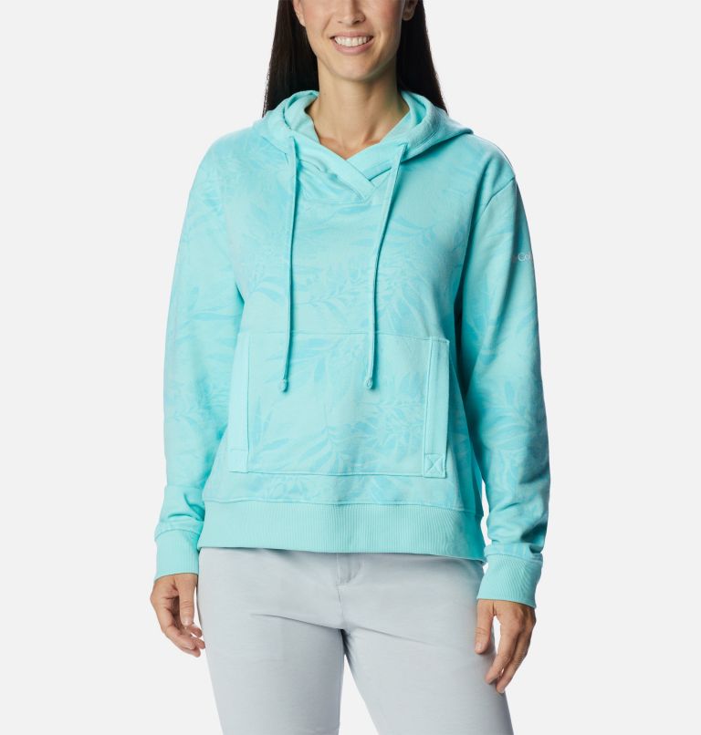 Women's PFG Slack Water French Terry Hoodie, Color: Gulf Stream, Palmetto Print, image 1