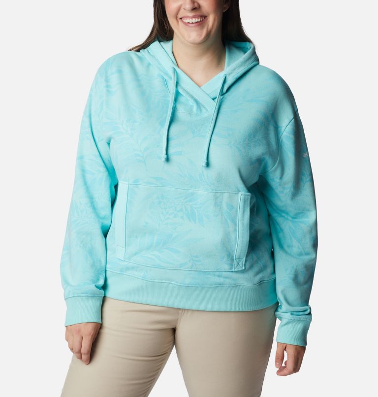 Thumbnail: Women's PFG Slack Water French Terry Hoodie - Plus Size, Color: Gulf Stream, Palmetto Print, image 1