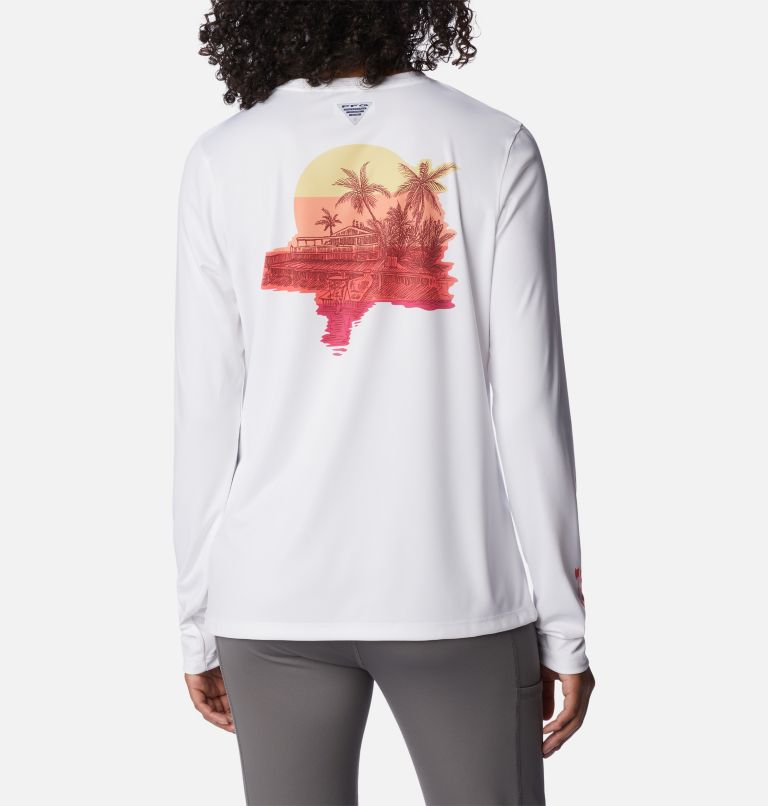 Women's PFG Tidal Tee Island Time Long Sleeve Shirt, Color: White, Neon Sunrise, image 2