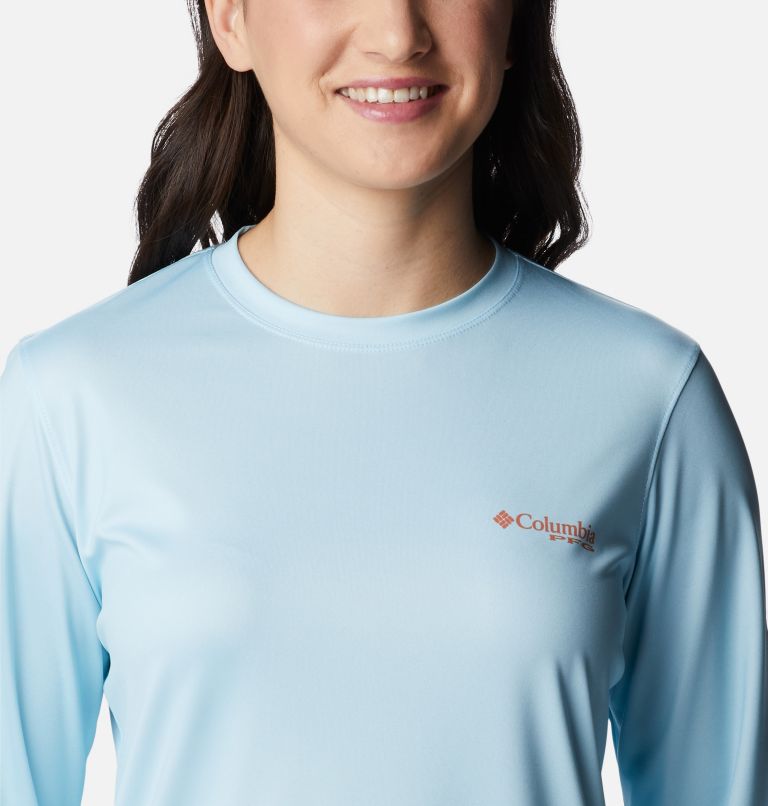 Women's PFG Tidal Tee Island Time Long Sleeve Shirt, Color: Spring Blue, Island Orange, image 4