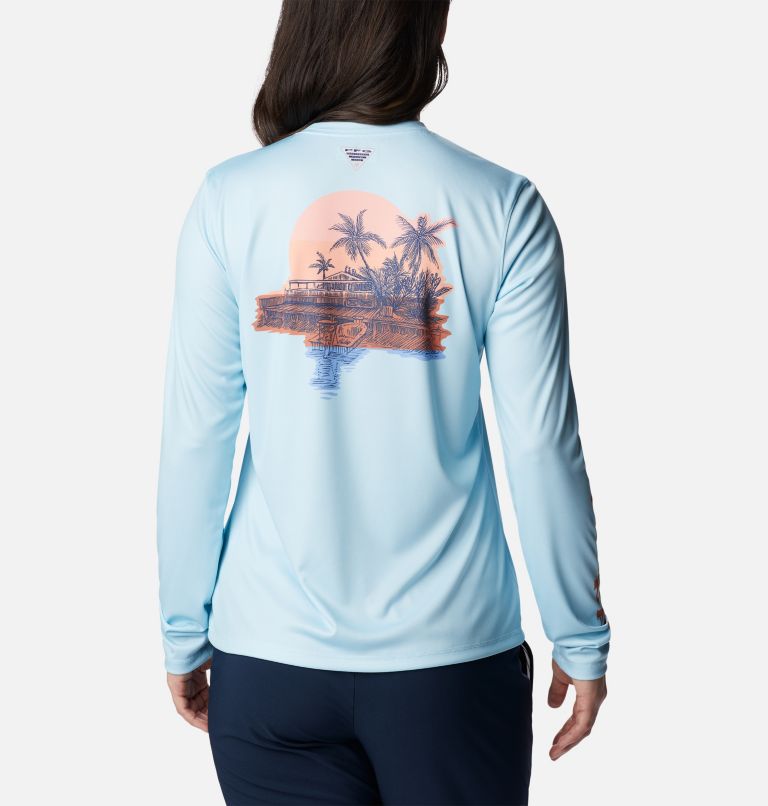 Thumbnail: Women's PFG Tidal Tee Island Time Long Sleeve Shirt, Color: Spring Blue, Island Orange, image 2