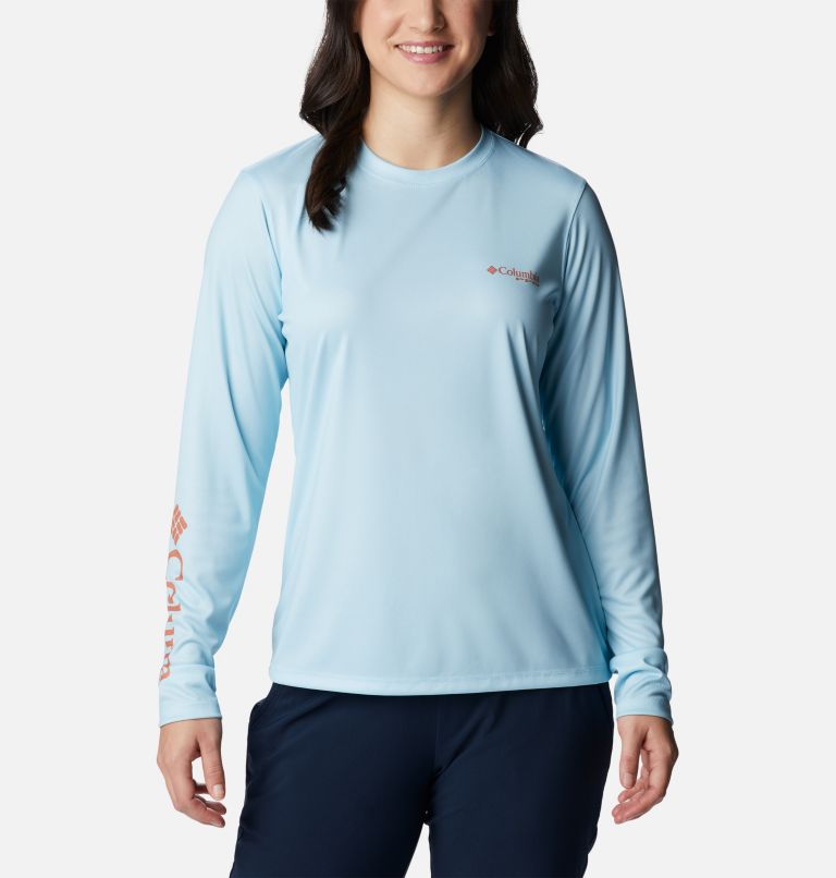 Women's PFG Tidal Tee Island Time Long Sleeve Shirt, Color: Spring Blue, Island Orange, image 1