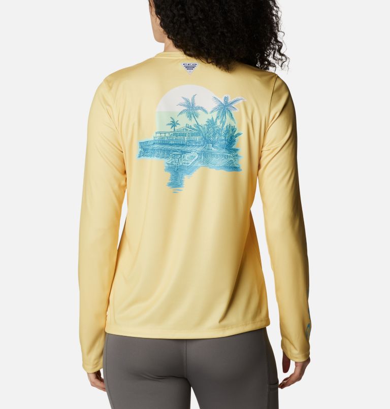 Women's PFG Tidal Tee Island Time Long Sleeve Shirt, Color: Sweet Corn, Sea Wave, image 2