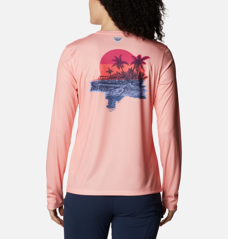 Thumbnail: Women's PFG Tidal Tee Island Time Long Sleeve Shirt, Color: Tiki Pink, Neon Sunrise, image 2