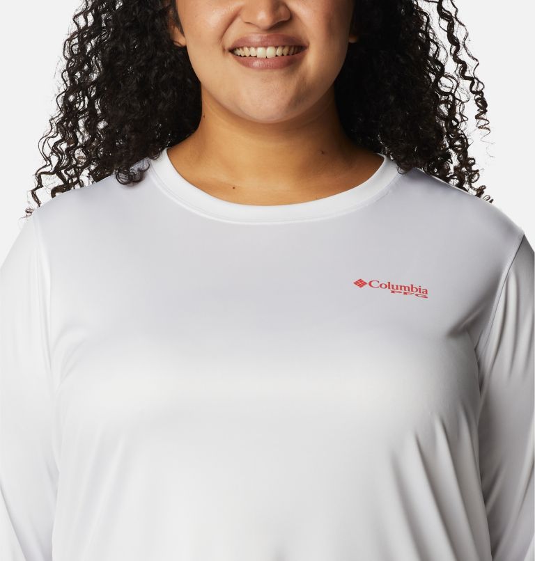 Women's PFG Tidal Tee Island Time Long Sleeve Shirt - Plus Size, Color: White, Neon Sunrise, image 4