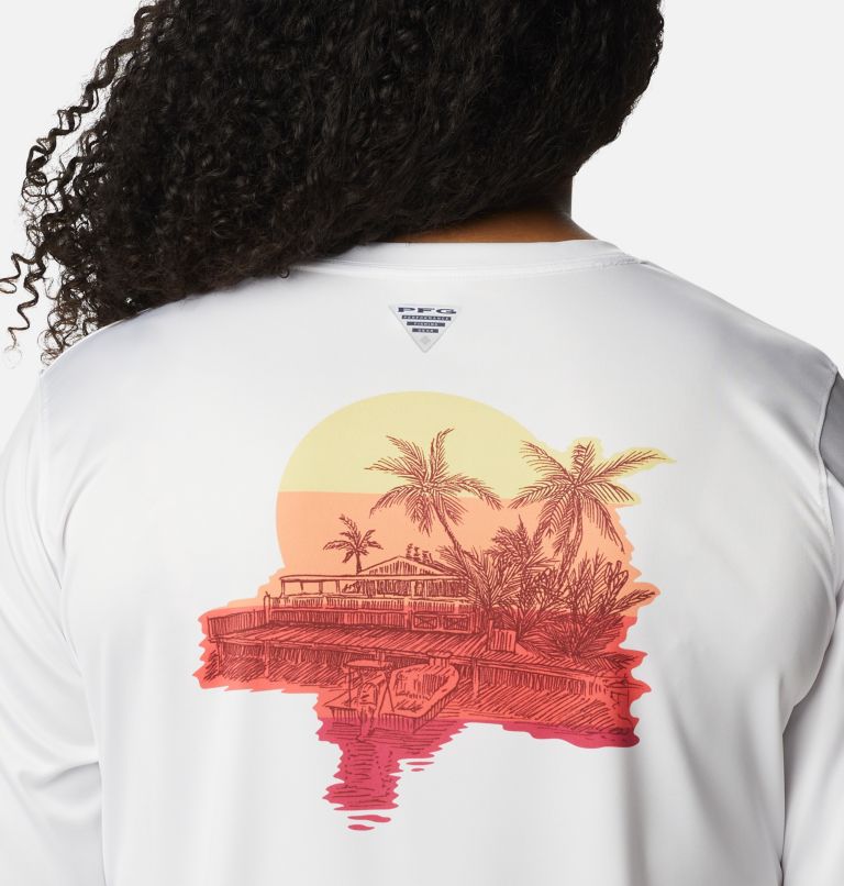 Women's PFG Tidal Tee Island Time Long Sleeve Shirt - Plus Size, Color: White, Neon Sunrise, image 5