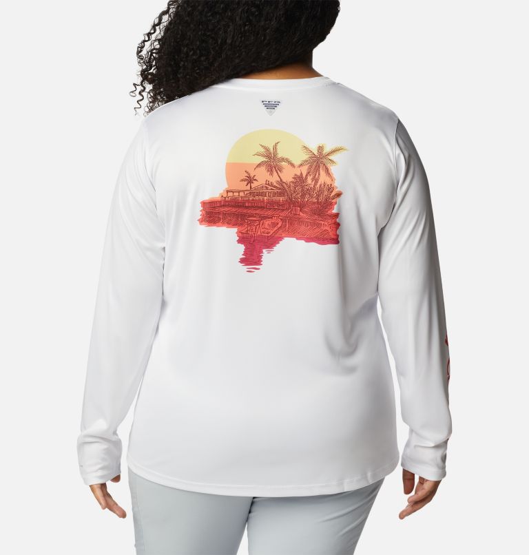 Thumbnail: Women's PFG Tidal Tee Island Time Long Sleeve Shirt - Plus Size, Color: White, Neon Sunrise, image 2