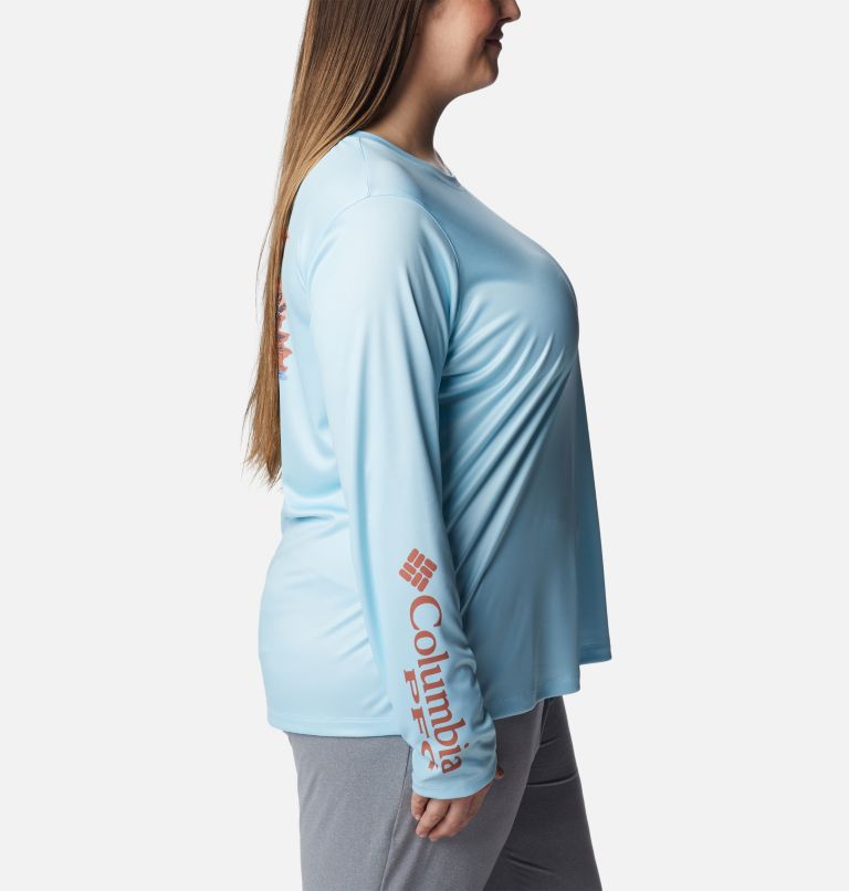Women's PFG Tidal Tee Island Time Long Sleeve Shirt - Plus Size, Color: Spring Blue, Island Orange, image 3