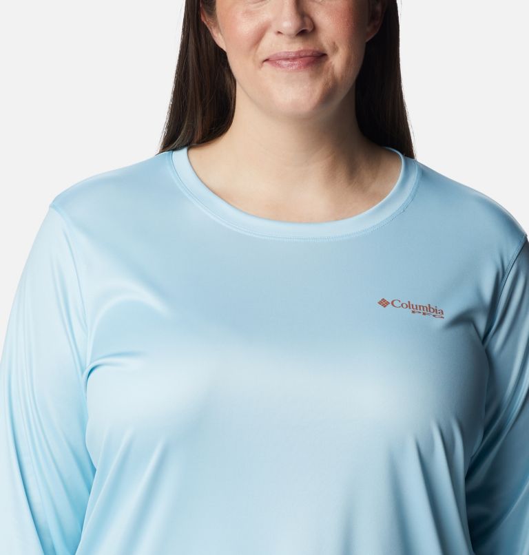 Women's PFG Tidal Tee Island Time Long Sleeve Shirt - Plus Size, Color: Spring Blue, Island Orange, image 4