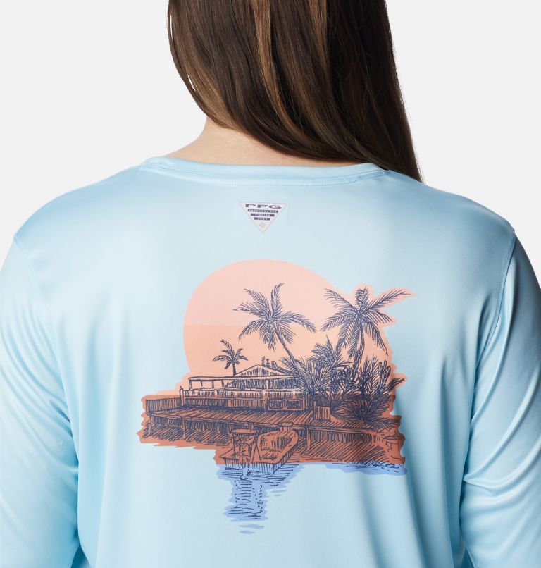 Women's PFG Tidal Tee Island Time Long Sleeve Shirt - Plus Size, Color: Spring Blue, Island Orange, image 5