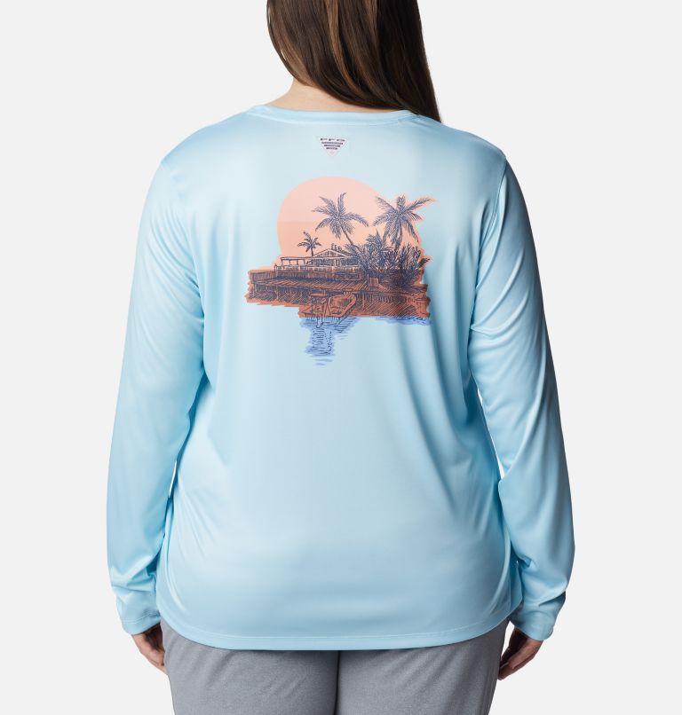 Women's PFG Tidal Tee Island Time Long Sleeve Shirt - Plus Size, Color: Spring Blue, Island Orange, image 2