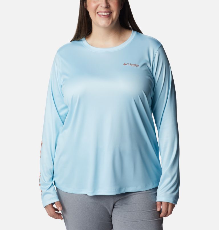 Thumbnail: Women's PFG Tidal Tee Island Time Long Sleeve Shirt - Plus Size, Color: Spring Blue, Island Orange, image 1