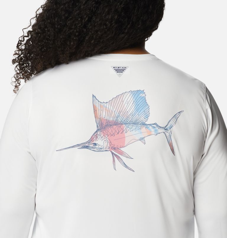 Women's PFG Tidal Tee Sailfish Flair Long Sleeve Shirt - Plus Size, Color: White, Bluestone Aurora Fish, image 5