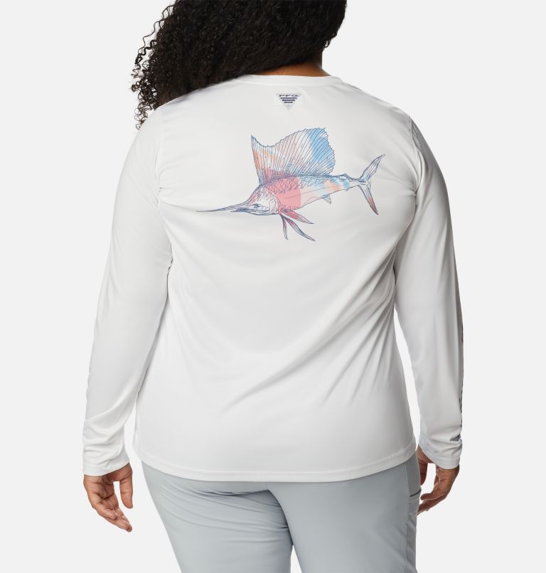Thumbnail: Women's PFG Tidal Tee Sailfish Flair Long Sleeve Shirt - Plus Size, Color: White, Bluestone Aurora Fish, image 2