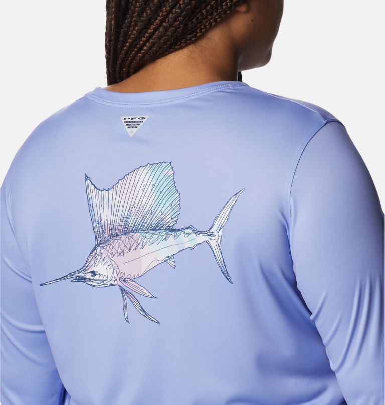 Women's PFG Tidal Tee Sailfish Flair Long Sleeve Shirt - Plus Size, Color: Serenity, Carbon Aurora Fish, image 5