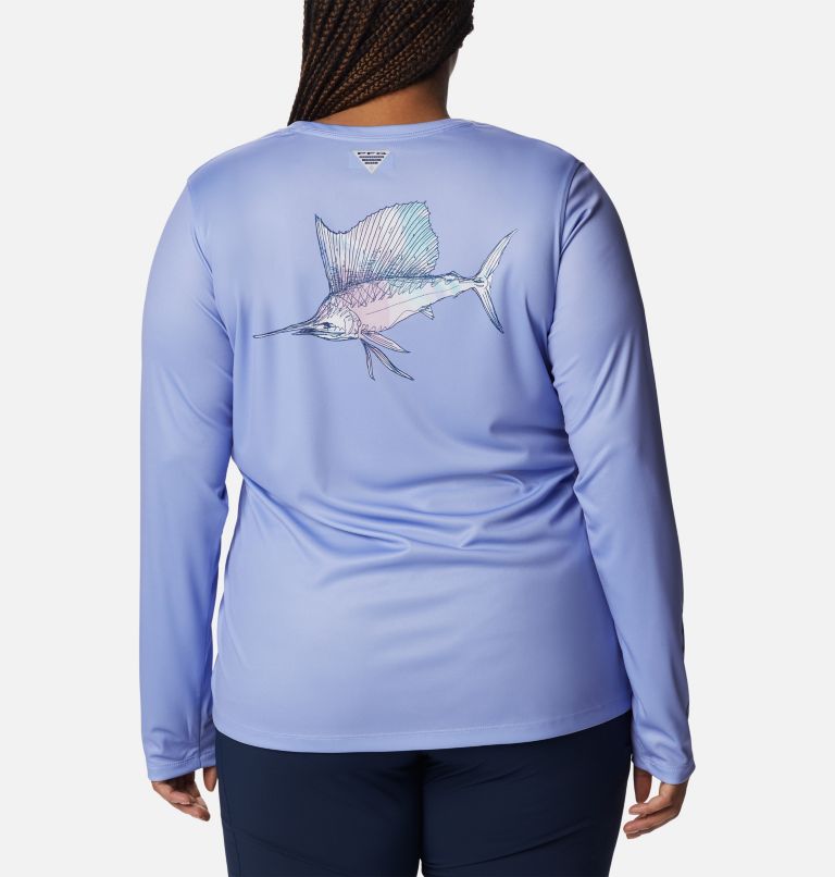 Women's PFG Tidal Tee Sailfish Flair Long Sleeve Shirt - Plus Size, Color: Serenity, Carbon Aurora Fish, image 2