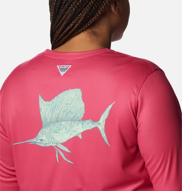 Women's PFG Tidal Tee Sailfish Flair Long Sleeve Shirt - Plus Size, Color: Cactus Pink, Kelp Palmetto, image 5