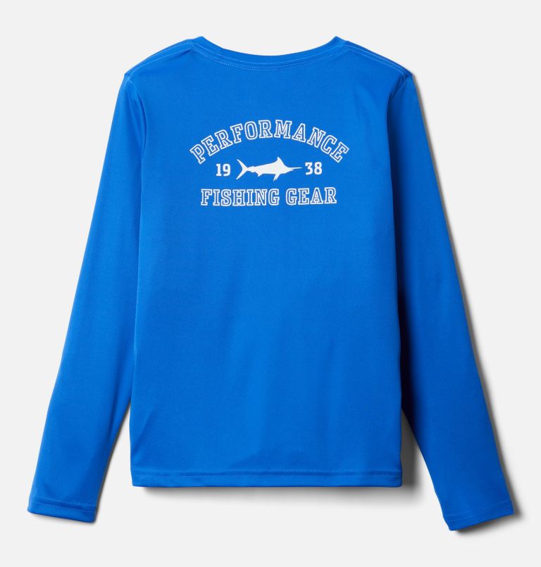 Thumbnail: Boys' PFG Terminal Tackle University Long Sleeve Shirt, Color: Blue Macaw, White - Marlin, image 2
