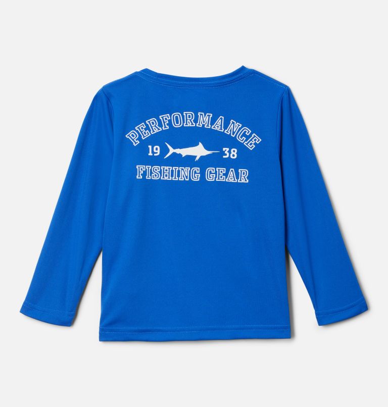 Boys' Toddler PFG Terminal Tackle University Long Sleeve Shirt, Color: Blue Macaw, White - Marlin, image 2