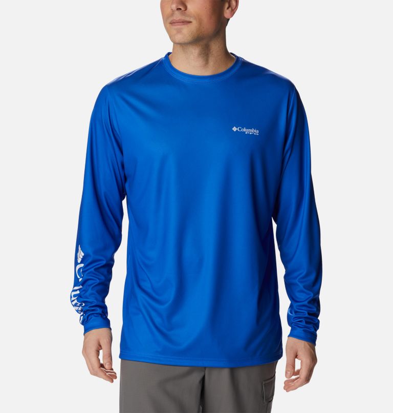 Men's PFG Terminal Tackle University Long Sleeve Shirt, Color: Blue Macaw, White Marlin, image 2