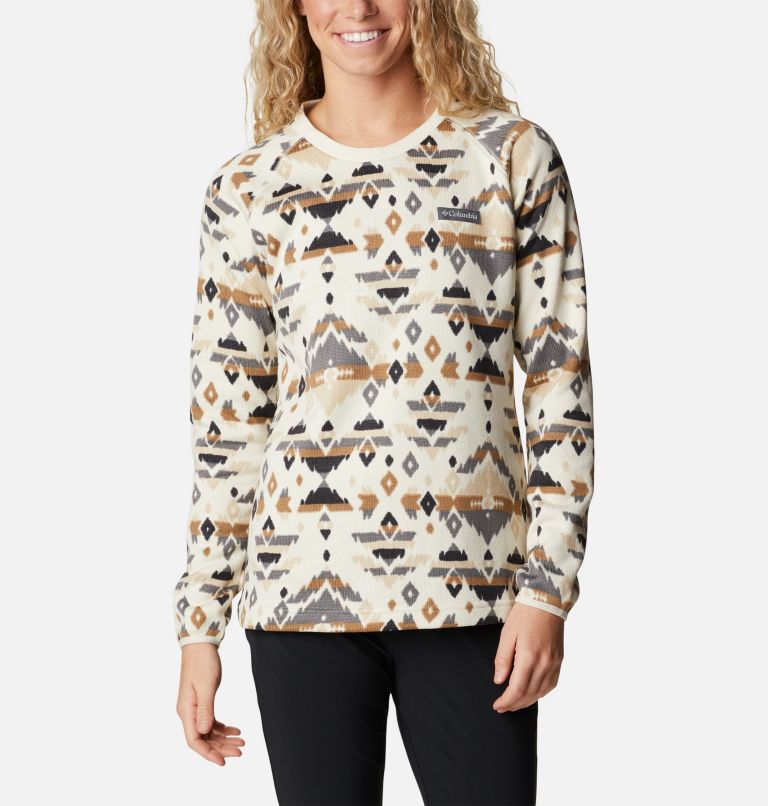 Women's Sweater Weather Fleece Crew Shirt, Color: Chalk Rocky MT Print, image 1