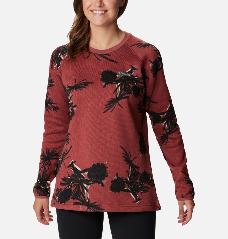 Women's Sweater Weather Fleece Crew Shirt, Color: Beetroot Pinecones, image 1