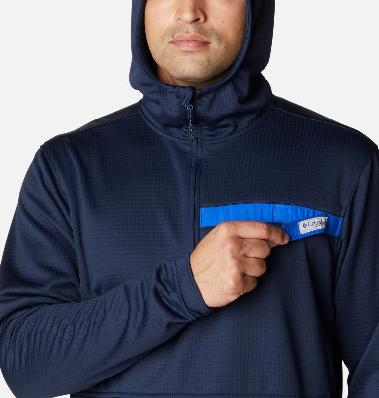 Men's PFG Skiff Guide Hooded Half Zip Fleece Pullover, Color: Collegiate Navy, Blue Macaw, image 4
