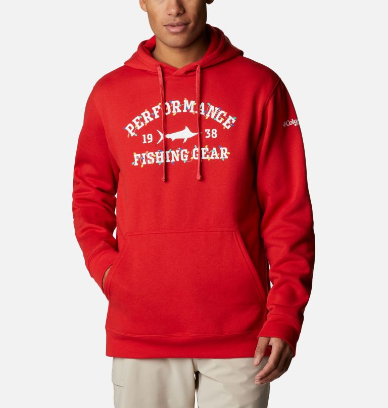 Men's PFG University Hoodie, Color: Red Spark, White Holiday, image 1