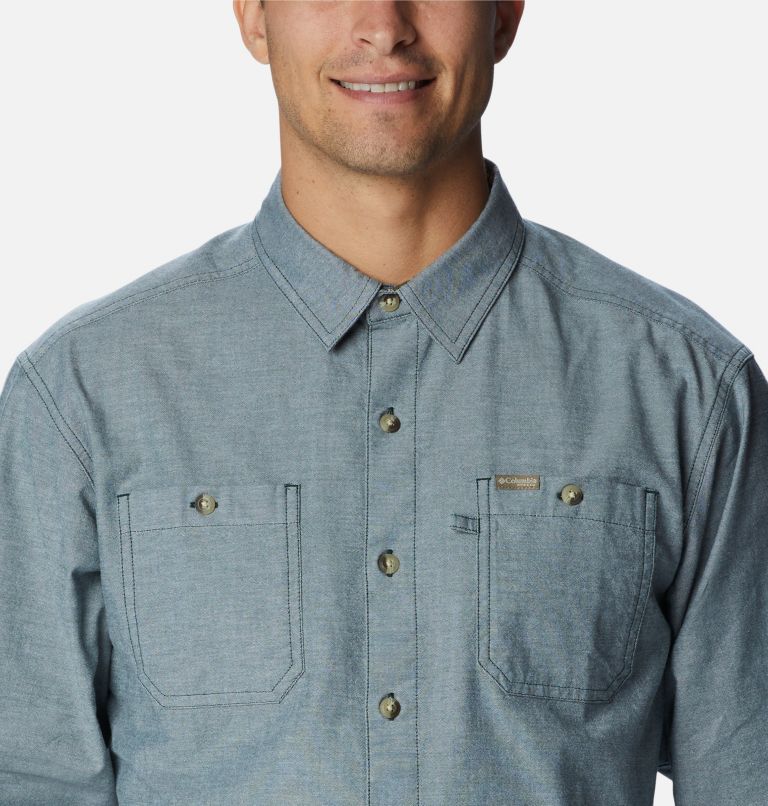 Thumbnail: Men's PHG Sharptail Stretch Chambray Long Sleeve Shirt, Color: Dark Forest, image 6