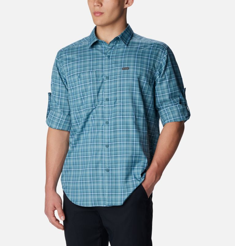 Men's Omni-Shade Omni-Wick UPF 40 Long Sleeve Button Up Shirt (Ocean Water,  Small)