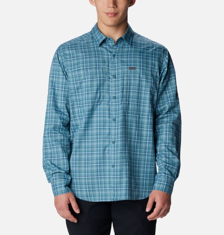 Men's Omni-Shade Omni-Wick UPF 40 Long Sleeve Button Up Shirt (Ocean Water,  Small)