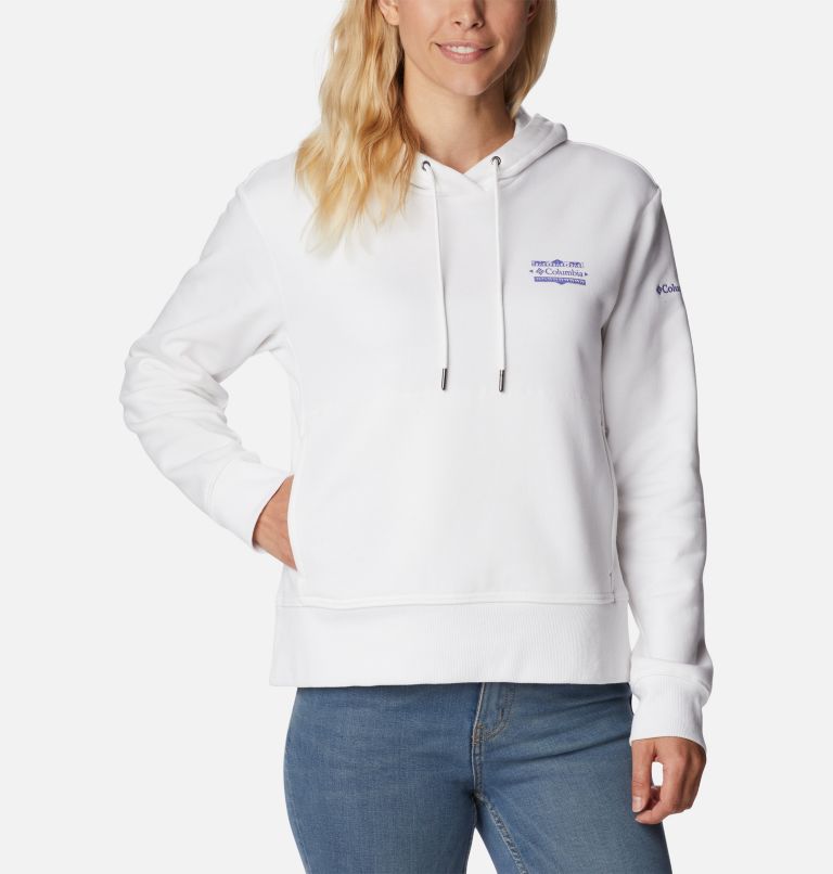 Thumbnail: Women's Columbia Lodge Hoodie, Color: White, Bordered Beauty Graphic, image 1