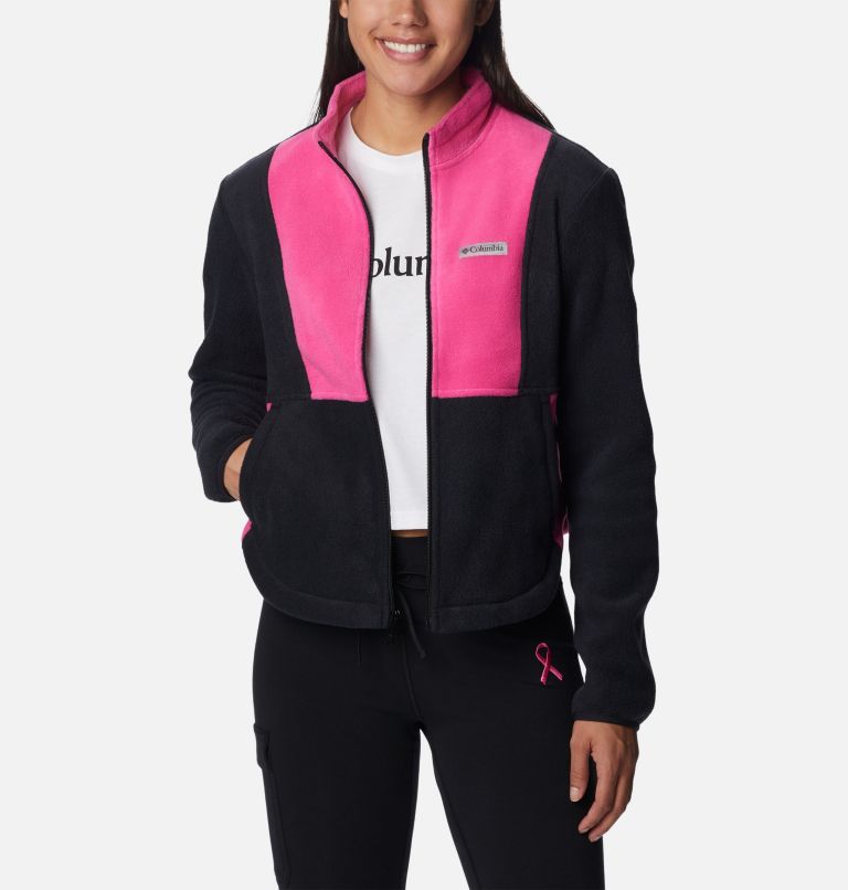 Thumbnail: Women's Tested Tough In Pink Colorblock Full Zip Fleece Jacket, Color: Black, Pink Ice, image 6