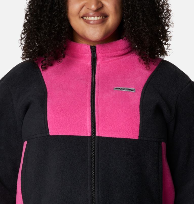 Thumbnail: Women's Tested Tough In Pink Colorblock Full Zip Fleece Jacket - Plus Size, Color: Black, Pink Ice, image 4
