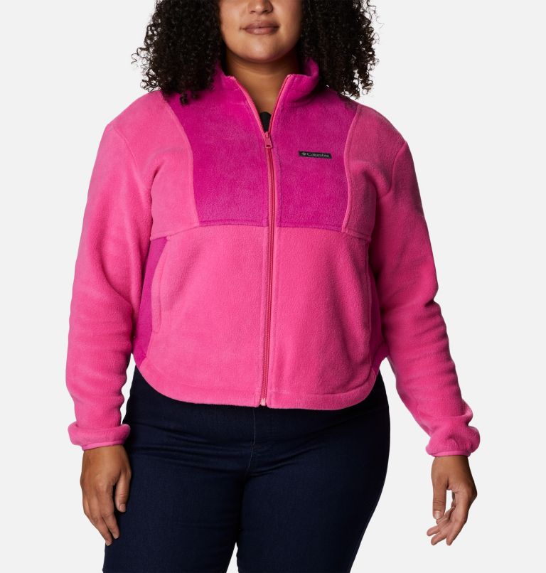 Women's Tested Tough In Pink Colorblock Full Zip Fleece Jacket - Plus Size, Color: Pink Ice, Wild Fuchsia, image 1