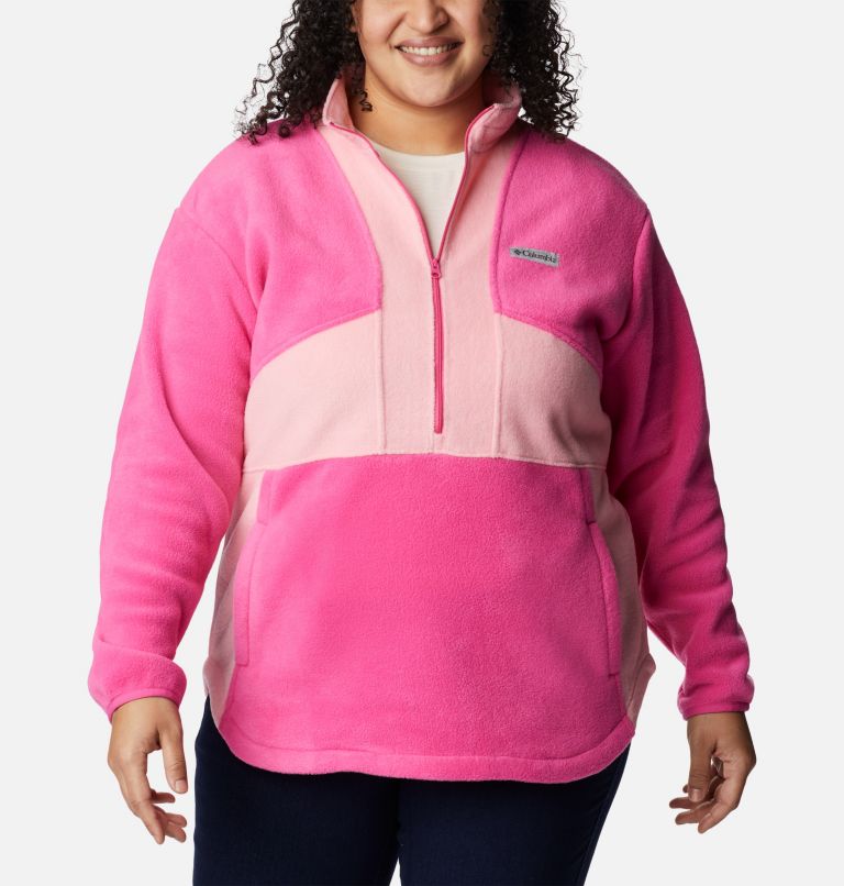 Thumbnail: Women's Tested Tough In Pink Colorblock Half Zip Fleece Pullover - Plus Size, Color: Pink Ice, Pink Orchid, image 1