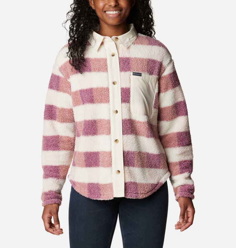 Thumbnail: Women's West Bend Fleece Shirt Jacket, Color: Dusty Pink Multi Check, Chalk, image 1