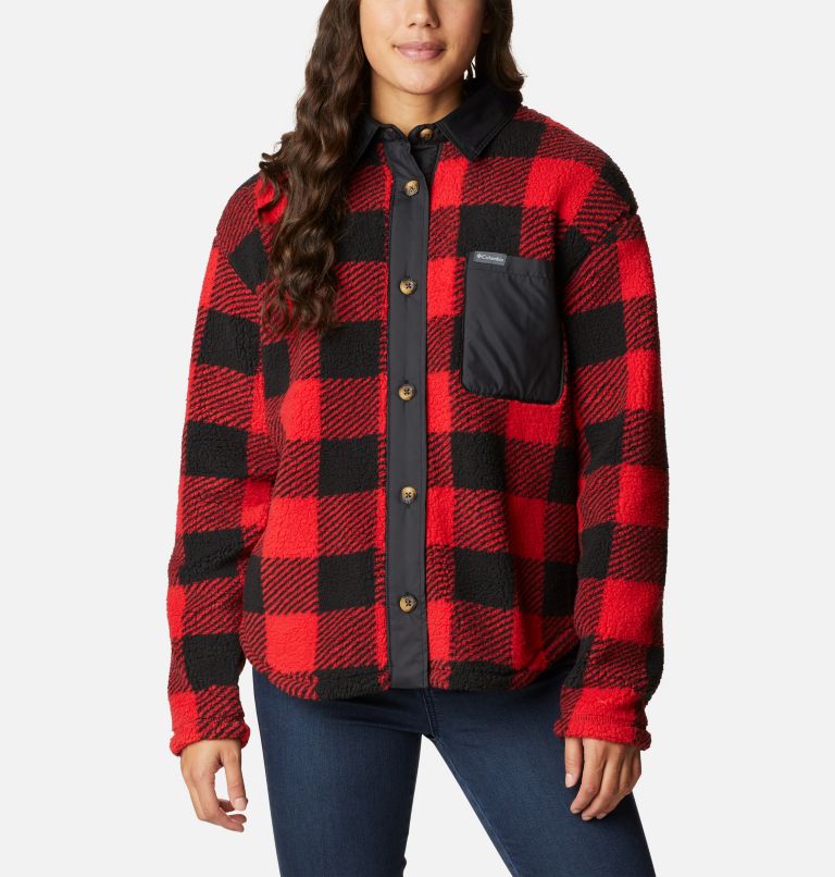Thumbnail: Women's West Bend Fleece Shirt Jacket, Color: Red Lily Check Print, image 1