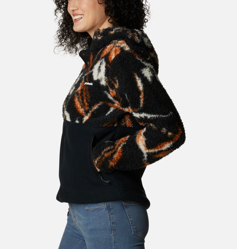 Women's Winter Pass Sherpa Hooded Full Zip Fleece Jacket, Color: Black Fallgrass Print, Black, image 3