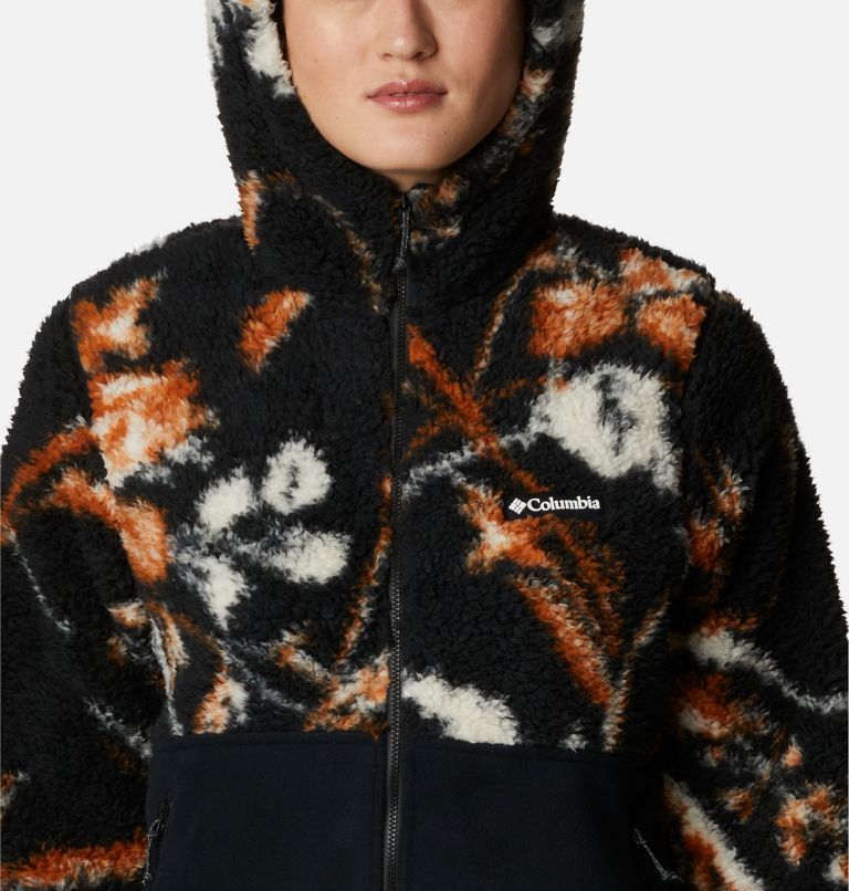 Women's Winter Pass Sherpa Hooded Full Zip Fleece Jacket, Color: Black Fallgrass Print, Black, image 4